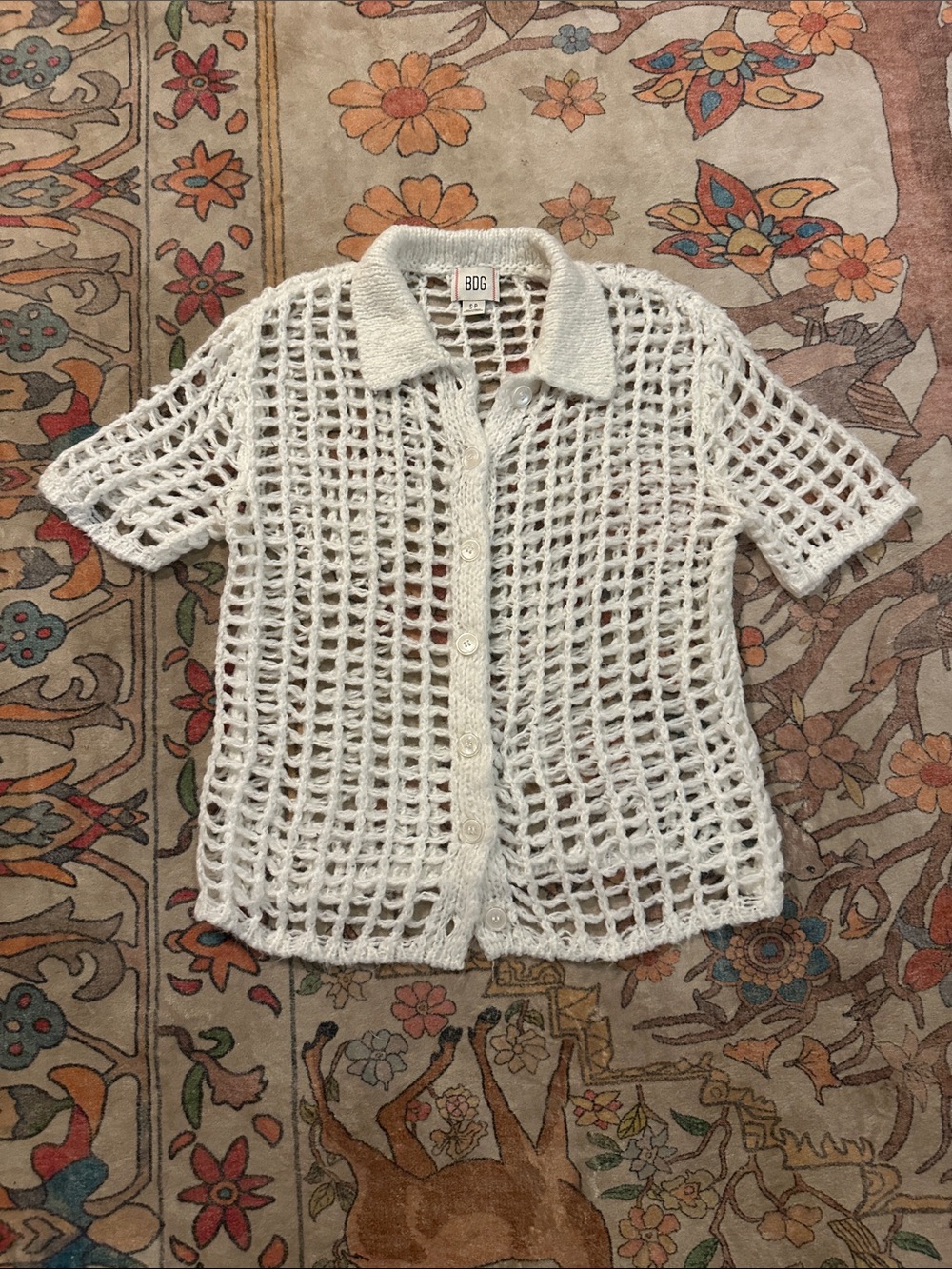 BDG White Open Crochet Short-Sleeve Cardigan